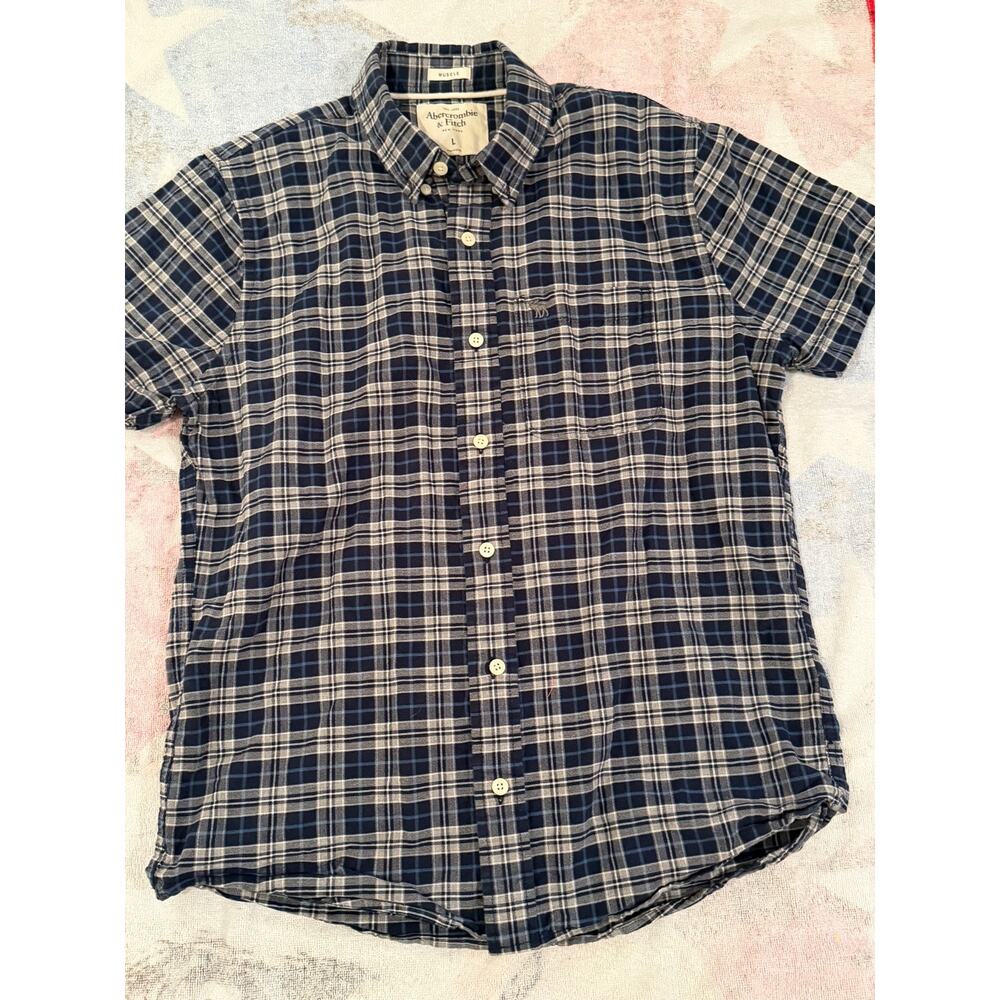 Abercrombie & Fitch Gingham Shirt Mens L Muscle Fit Blue White Check
